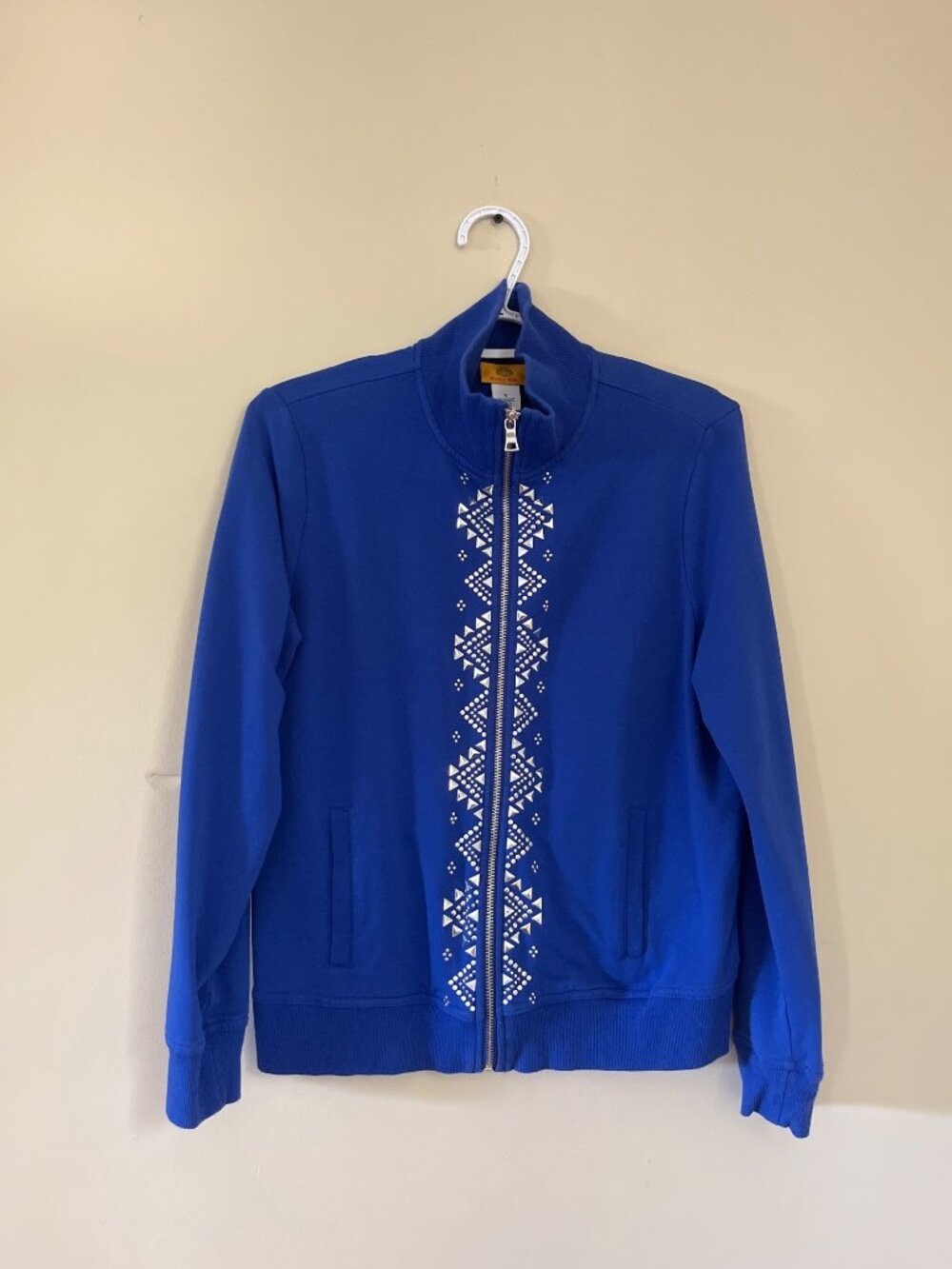 Ruby Rd. Womens Small Royal Blue Full Zip Jacket High Neck Geometric Pattern
